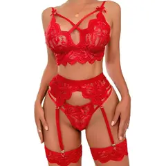 EINICIO - 3 Piezas Conjunto Lencería Sexy De Ropa Interior De Encaje