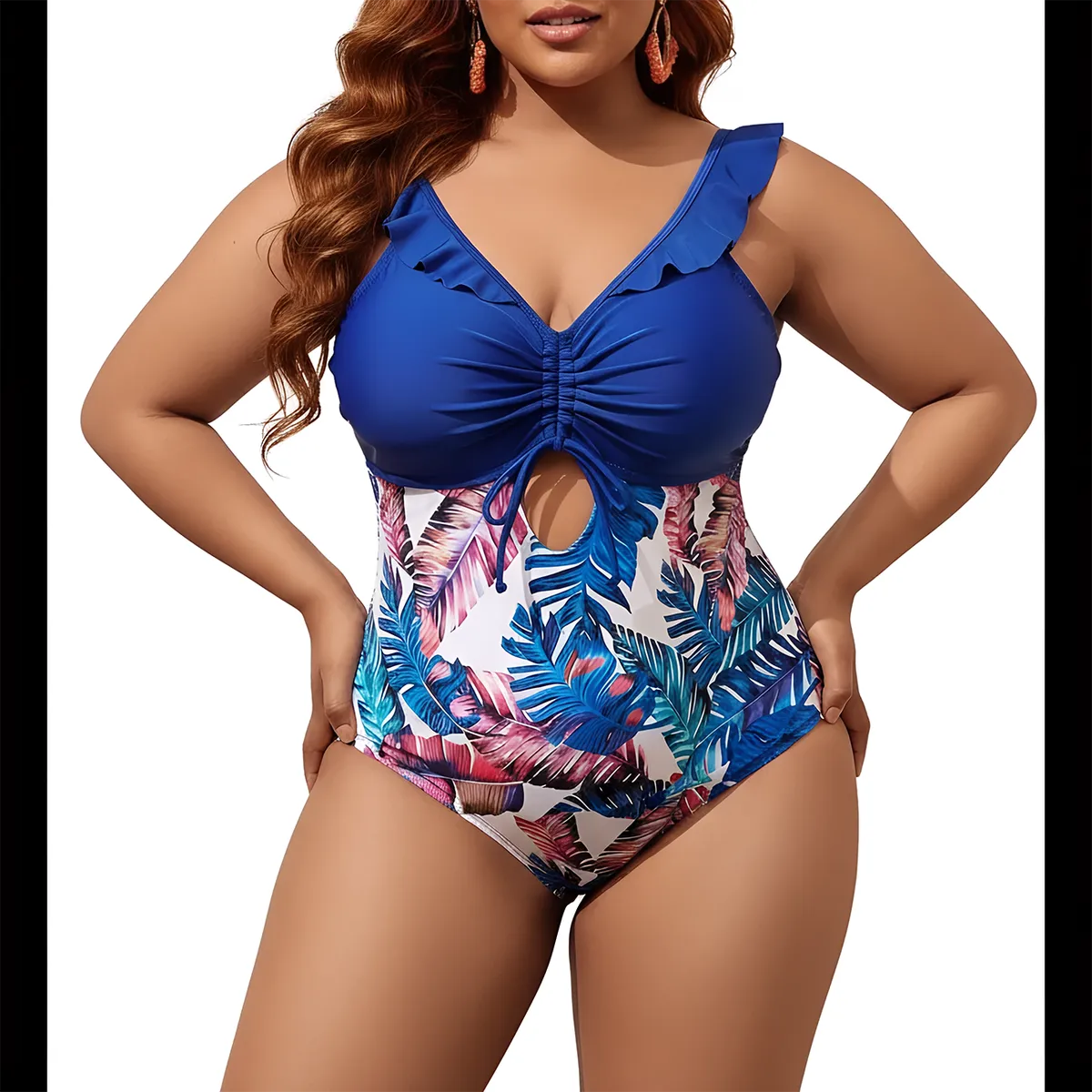 HIPSY SWIMWEAR - Traje de baño Cut out Plus size Azul Hojas