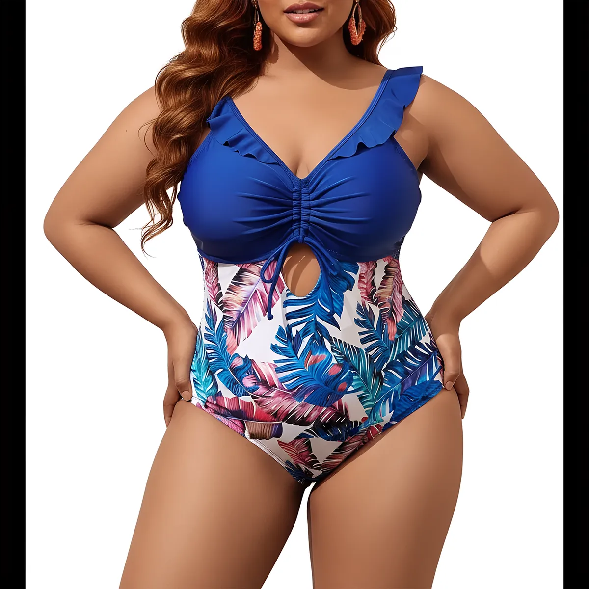 HIPSY SWIMWEAR - Traje de baño Cut out Plus size Azul Hojas