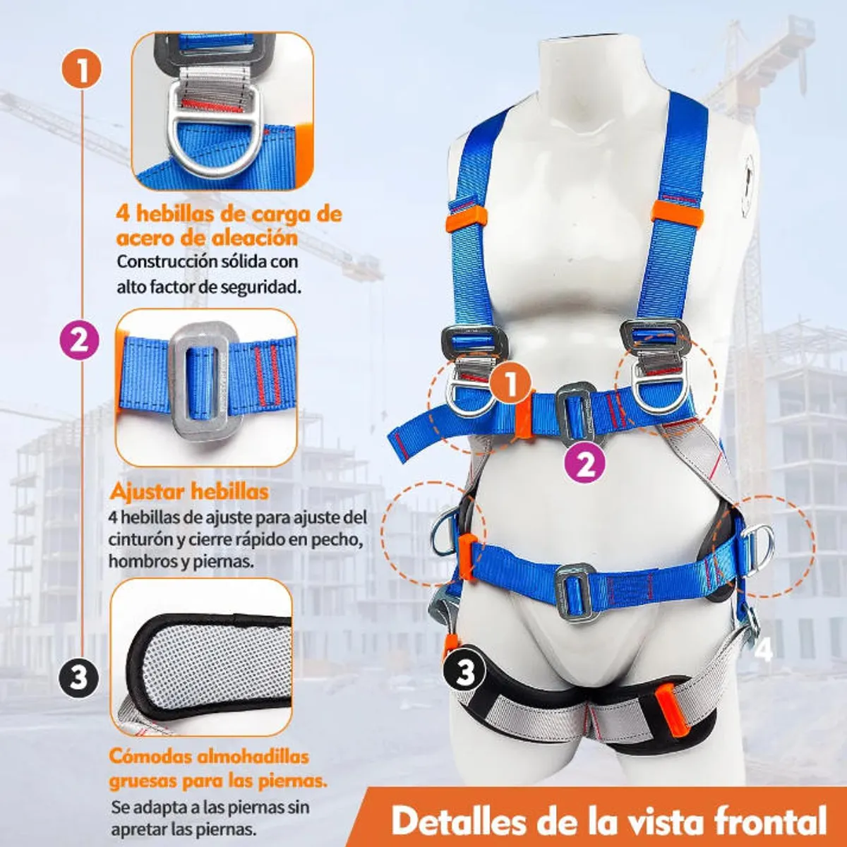 WUWAWDO - Arnés De Seguridad 5 Argollas+cabo De Vida 2m Doble + Cable