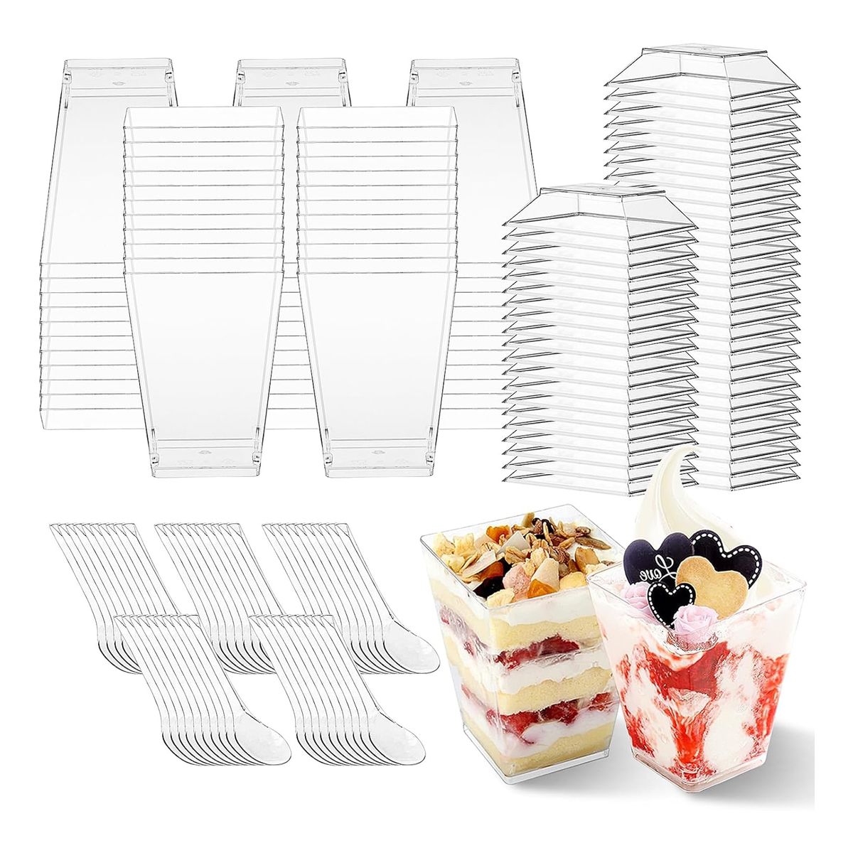 KINDA NICE - Pack X50 Vasos Acrílico Con Tapa Para Postres 150ml+cucharas