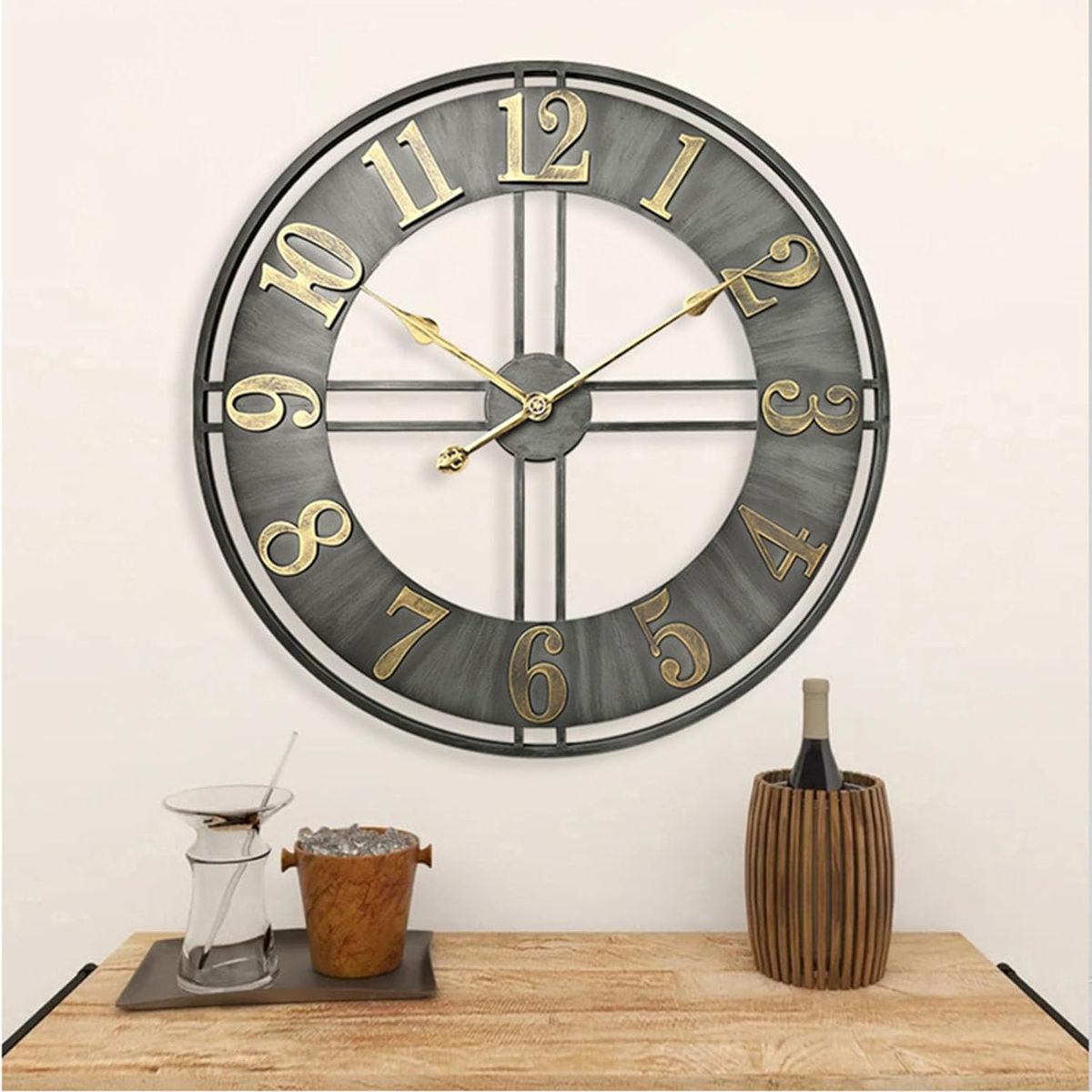 GENERICO - Reloj de Pared Grande Metálico Gris Estilo Industrial 60 cm