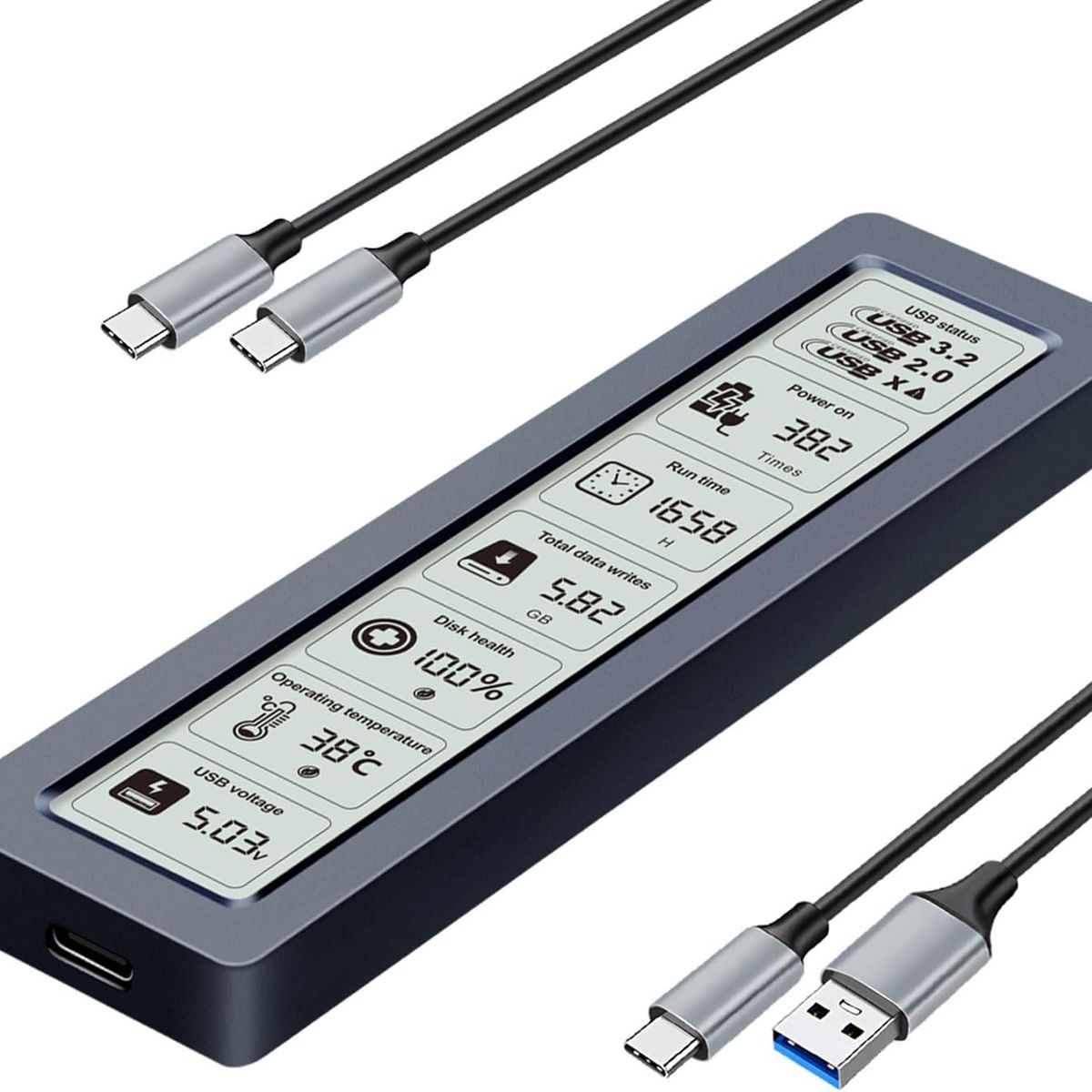 PUREPOWER - Exterior SSD NVMe Con LCD Protege Datos USB-C 10Gbps Compatible 2230 /2242 /2260 /2280