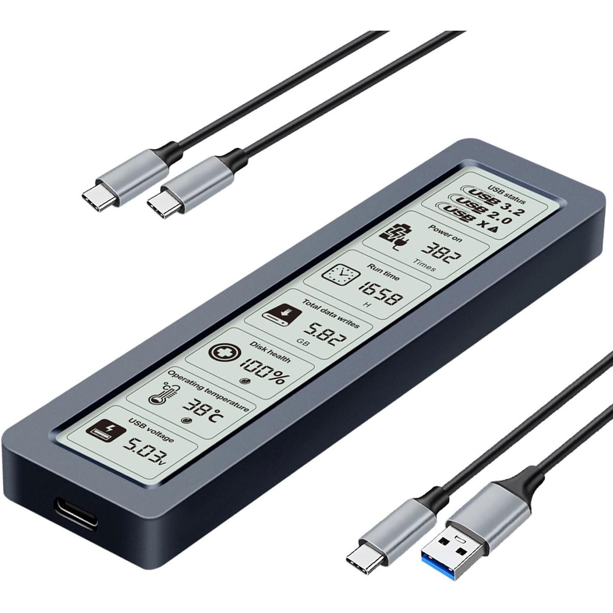 PUREPOWER - Exterior SSD NVMe Con LCD Protege Datos USB-C 10Gbps Compatible 2230 /2242 /2260 /2280