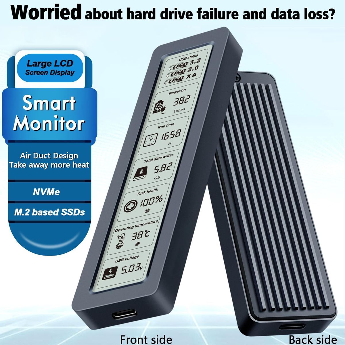 PUREPOWER - Exterior SSD NVMe Con LCD Protege Datos USB-C 10Gbps Compatible 2230 /2242 /2260 /2280