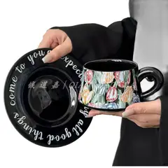GENERICO - Taza Con Plato Para Cafe O Té De Ceramica China Con Diseños Negro Tulipán