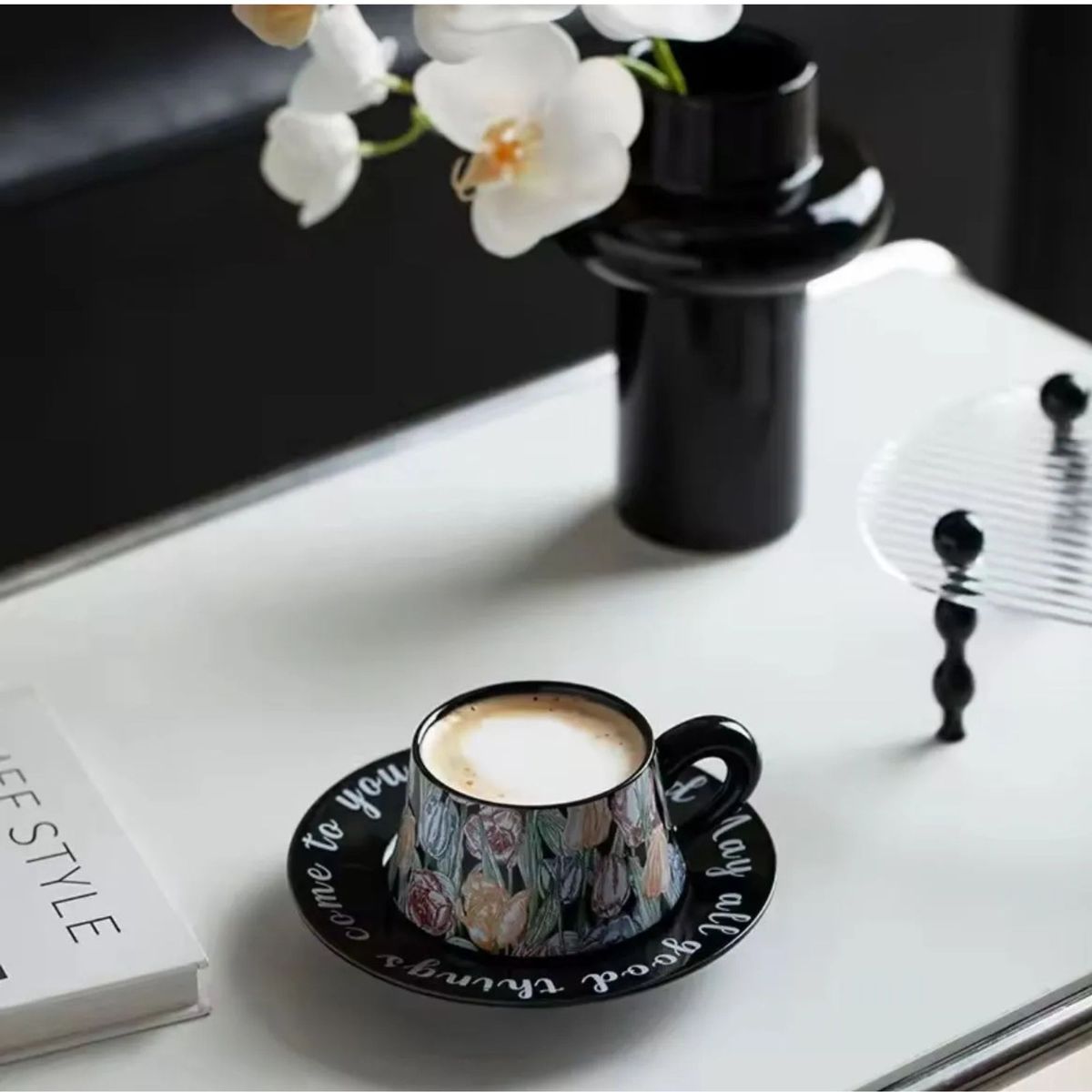 GENERICO - Taza Con Plato Para Cafe O Té De Ceramica China Con Diseños Negro Tulipán