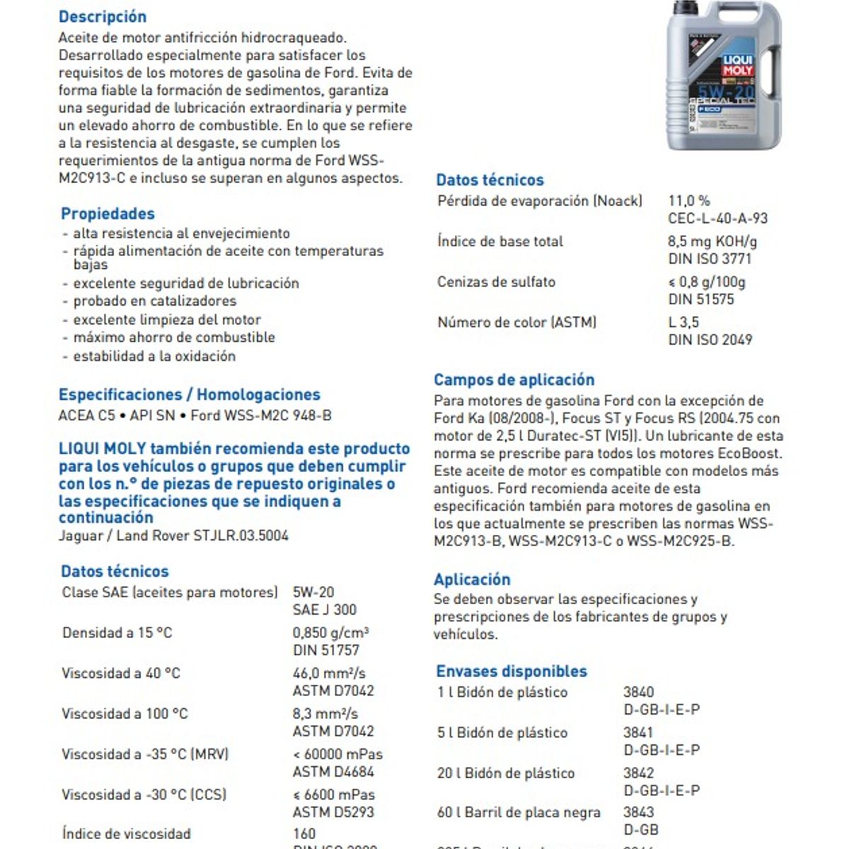LIQUI MOLY - Aceite Motor Special Tec F Eco 5w-20 1 Lt