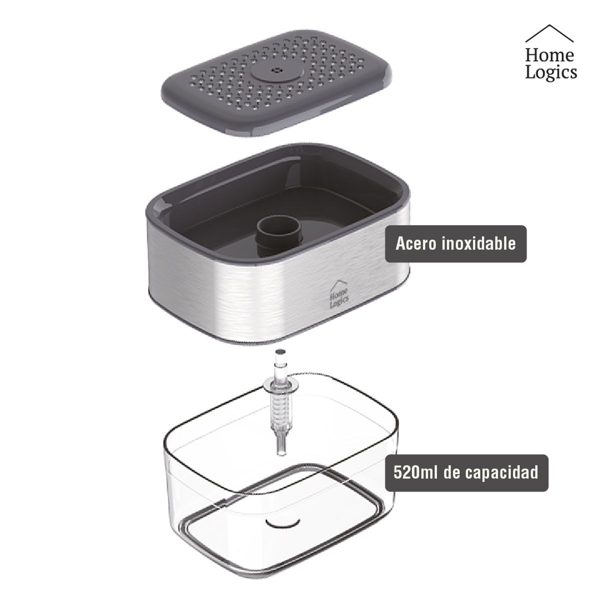 HOME LOGICS - Dispensador Lavalozas Acero Contenedor 520ml Home Logics