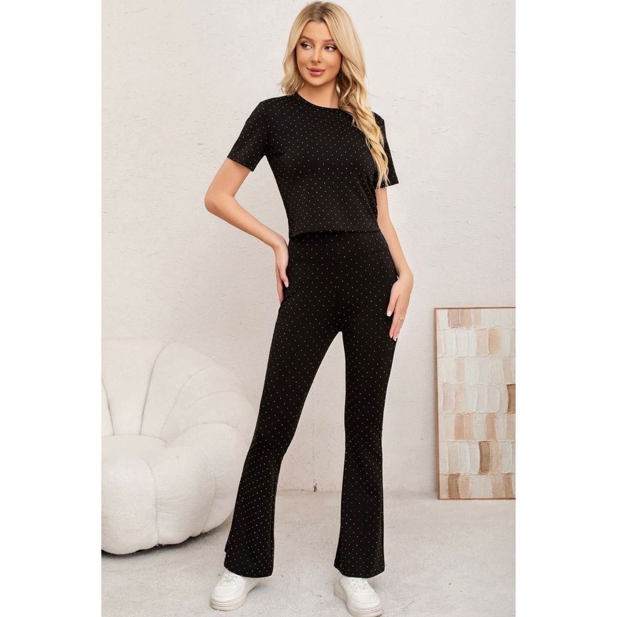 LIKE SHOP - Conjunto Mujer 2 Piezas Polera Y Calza Full Brillos Tendencia 7037