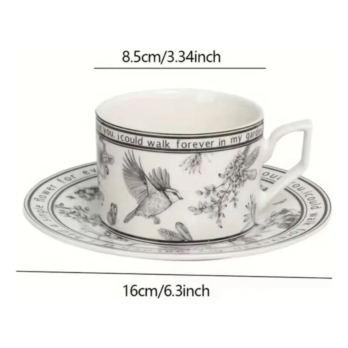 GENERICO - Taza Con Plato Para Cafe O Té De Ceramica China Con Diseños Blanco Ave
