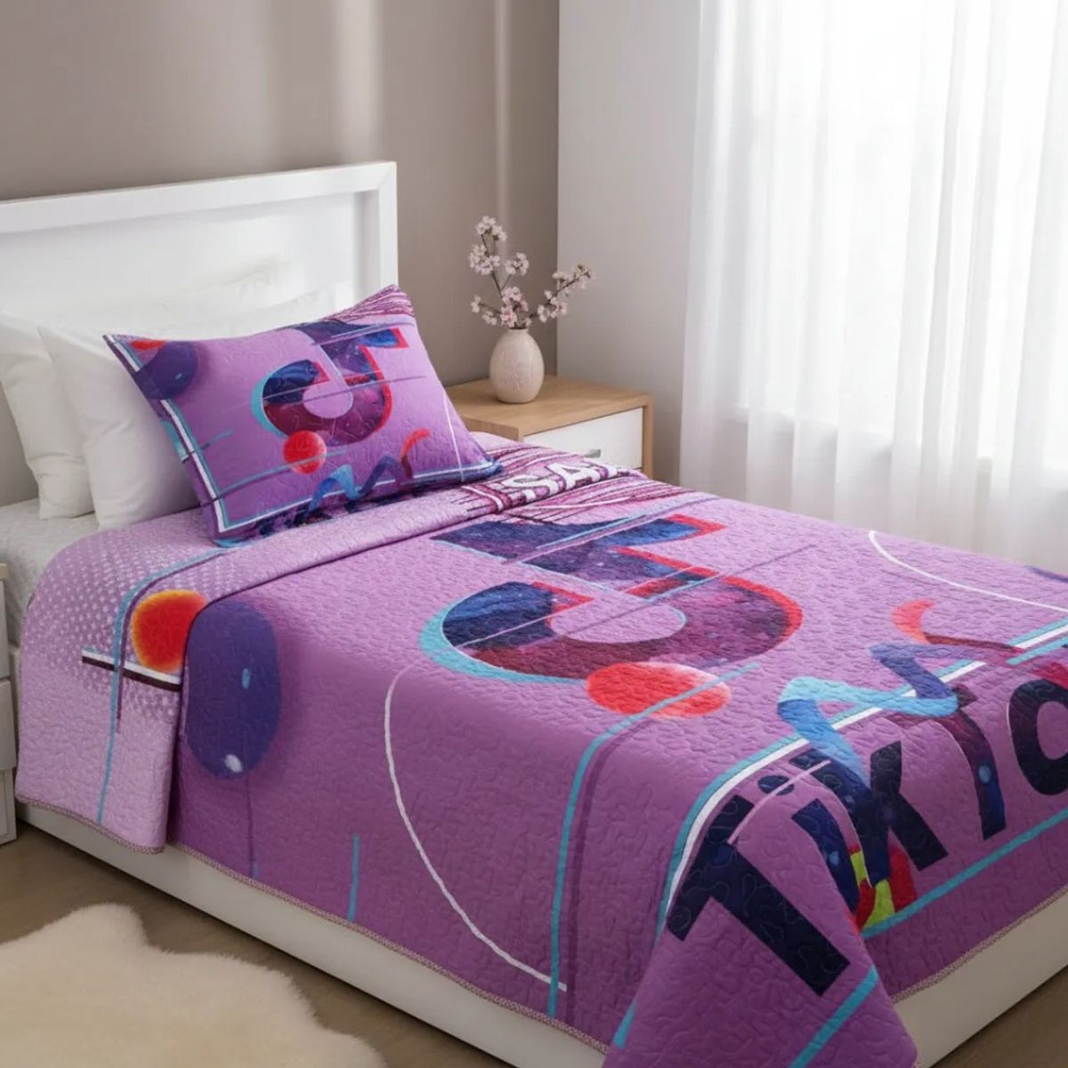 TODOHOGAR SANTIAGO DE CHILE - Cubrecama Quilt 1.5 Plazas Diseño TikTok Urbano Morado/Lila