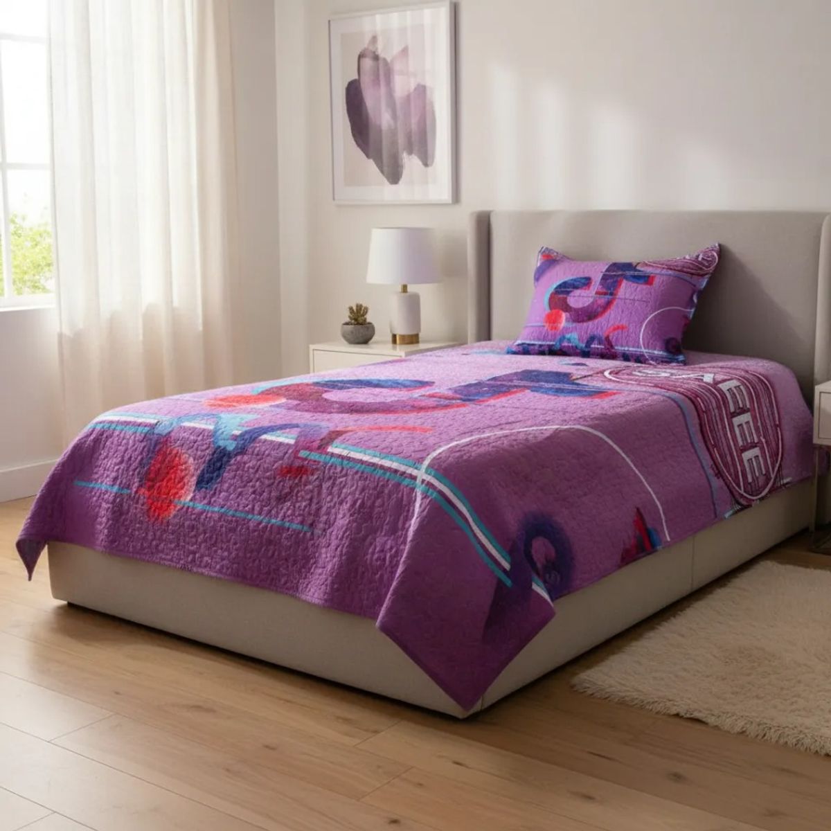 TODOHOGAR SANTIAGO DE CHILE - Cubrecama Quilt 1.5 Plazas Diseño TikTok Urbano Morado/Lila