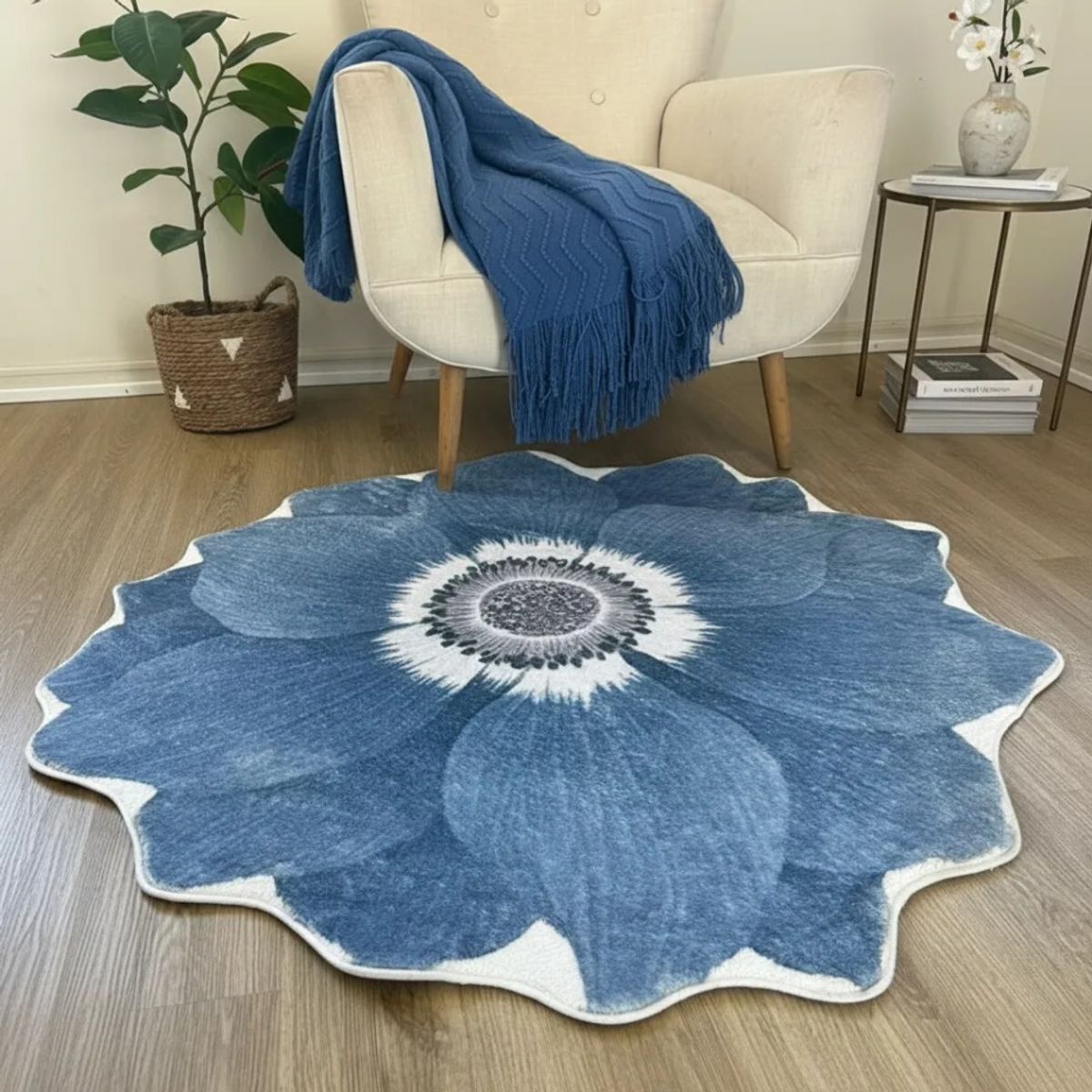 TODOHOGAR SANTIAGO DE CHILE - Alfombra Redonda De Felpa Con Antideslizante Diseño Flor azul