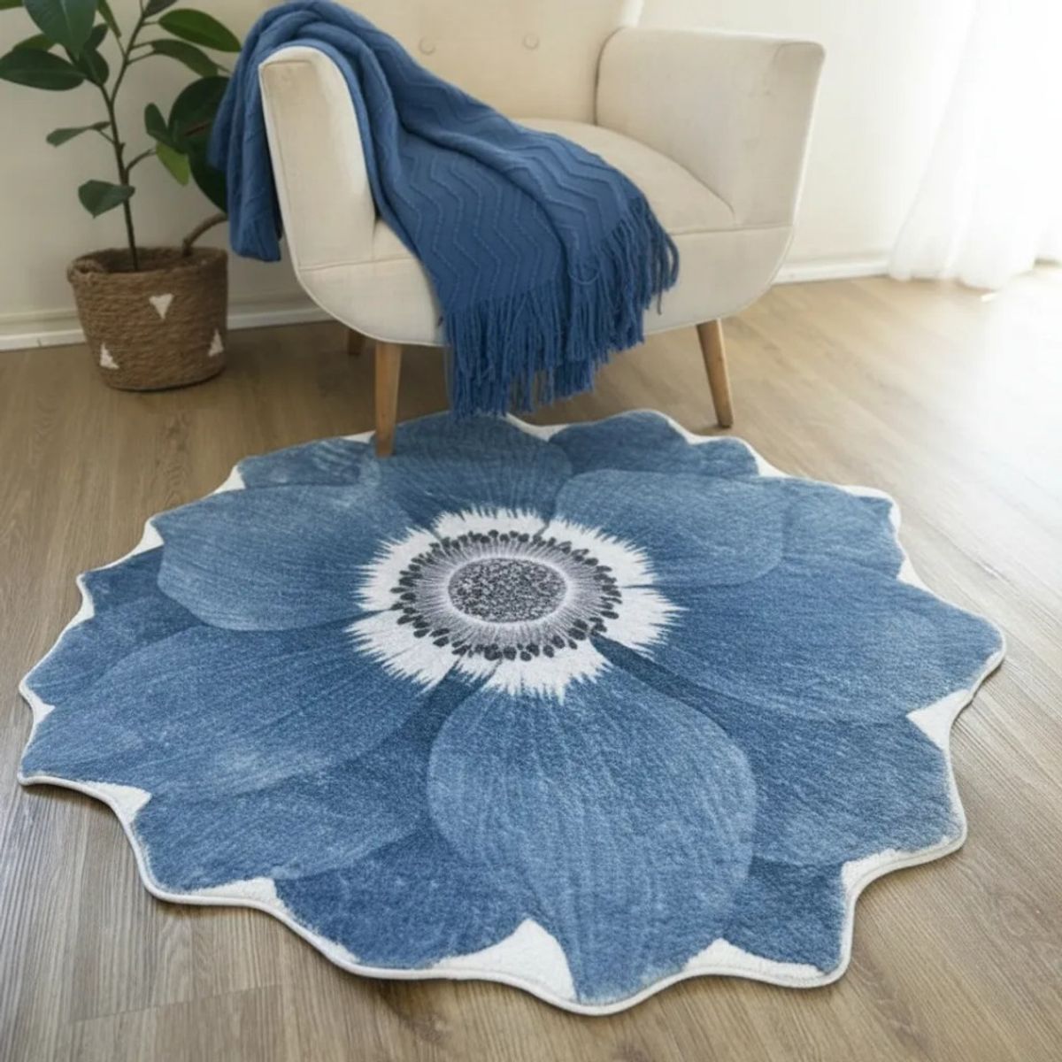 TODOHOGAR SANTIAGO DE CHILE - Alfombra Redonda De Felpa Con Antideslizante Diseño Flor azul