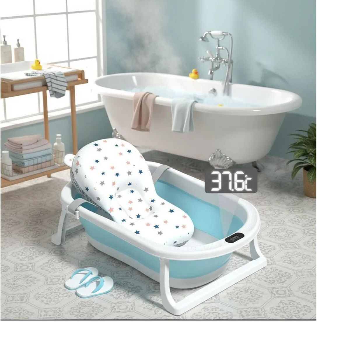 GENERICO - Tina Bebe Bañera Plegable + Termometro + Malla De Cojin Baño