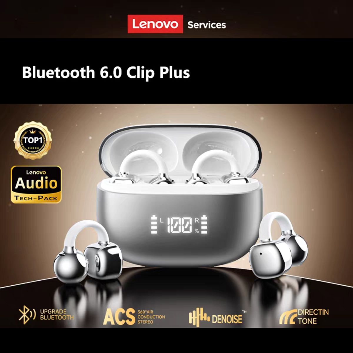 LENOVO - Set 2 De Audífonos Lenovo Clip Plus RS119 TWS  Bluetooth 6.0 -Rosa