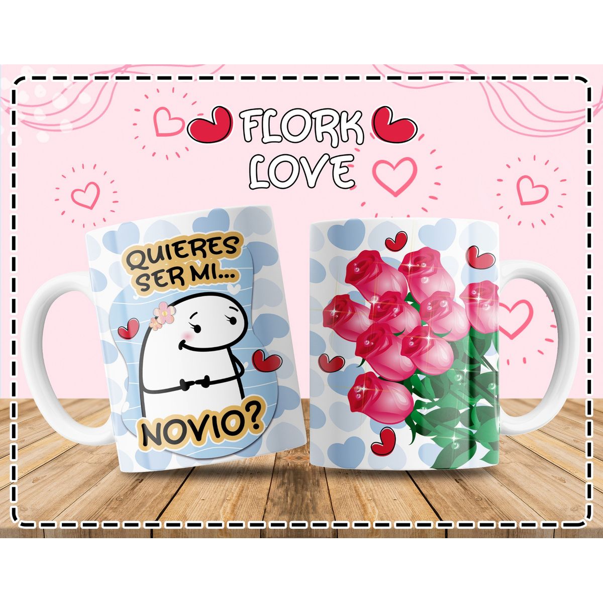 GENERICO - Taza Flork San Valentín 11oz “¿Quieres ser mi novio” + Rosas  Regalo Romántico