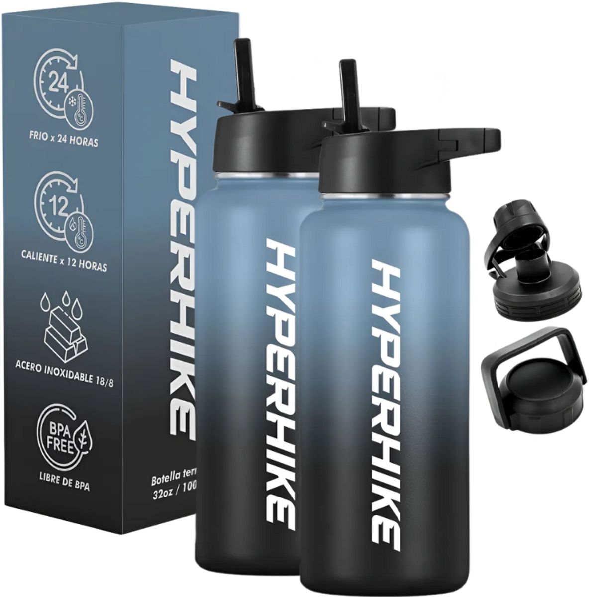 HYPERHIKE - Pack 2 Termo Acero Inoxidable 1lt Hyperhike + 6 Tapas Azul / Azul