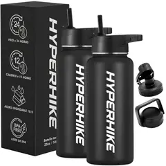 HYPERHIKE - Pack 2 Termo Acero Inoxidable 1lt + 6 Tapas NEGRO / NEGRO