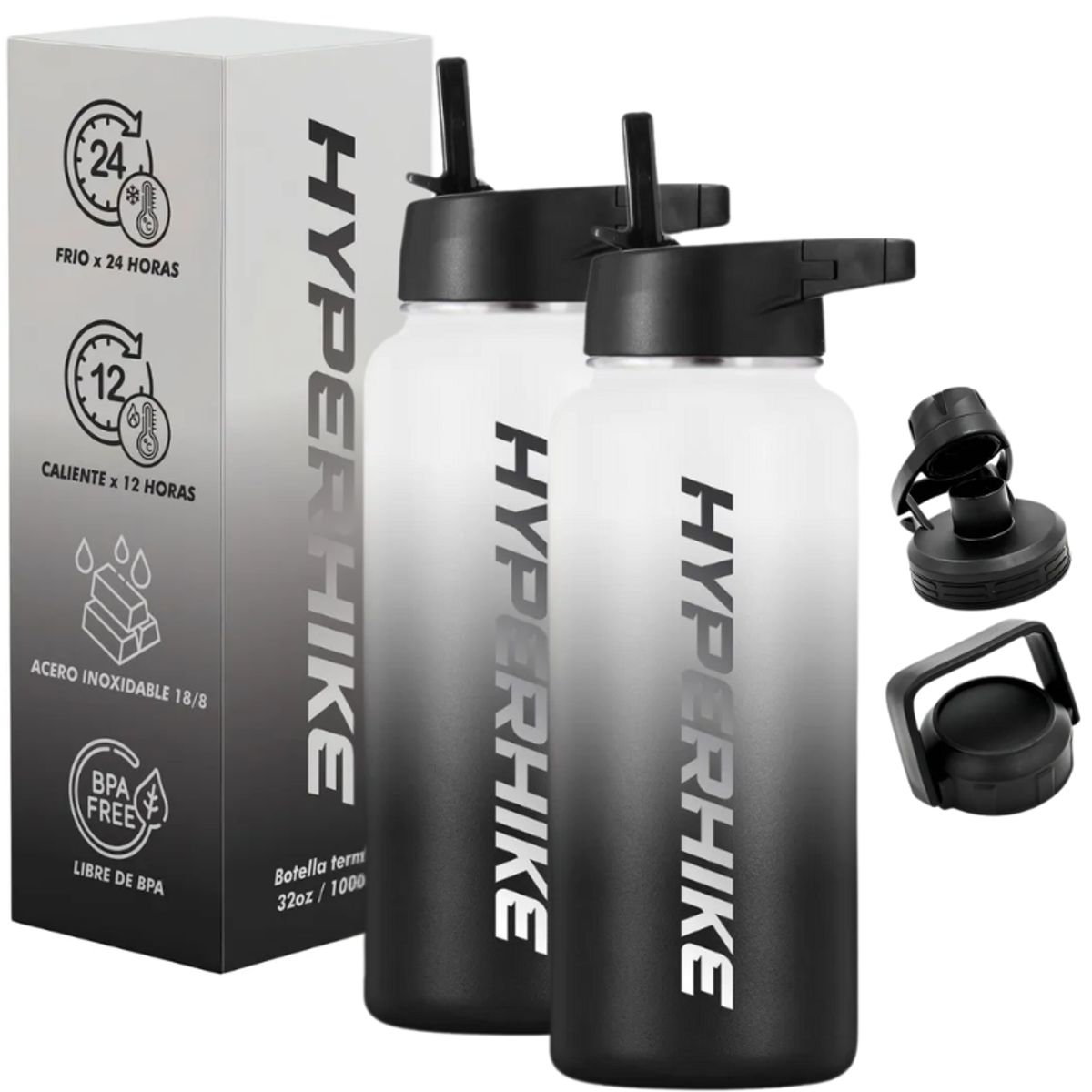 HYPERHIKE - Pack 2 Termo Acero Inoxidable 1lt Hyperhike + 6 Tapas BLANCO/ BLANCO