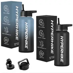 HYPERHIKE - Pack 2 Termo Acero Inoxidable 1lt + 6 Tapas AZUL / NEGRO