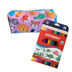 GENERICO - Estuche Animales Selva - Fondo rosado + 18 lápices de colores