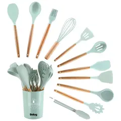 GENERICO - Set 12 Utensilios Cocina Mango Silicona Y Madera Repostería color verde BELUG
