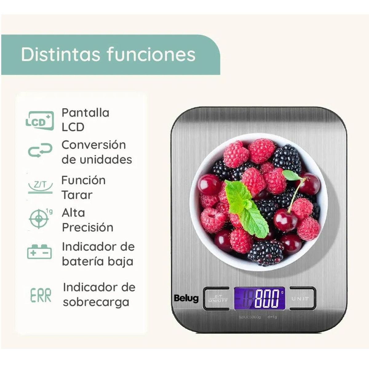 GENERICO - Balanza Pesa Digital Cocina Gramera Acero Inoxidable 5 Kilos BELUG