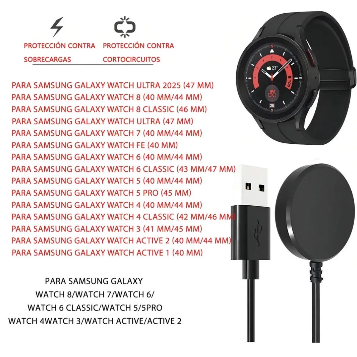 GENERICO - Cargador Para Samsung Galaxy Watch,Para Galaxy Watch 8/7/6/5/4/3/2/ Watch7 Watch 6 Y Classic Active
