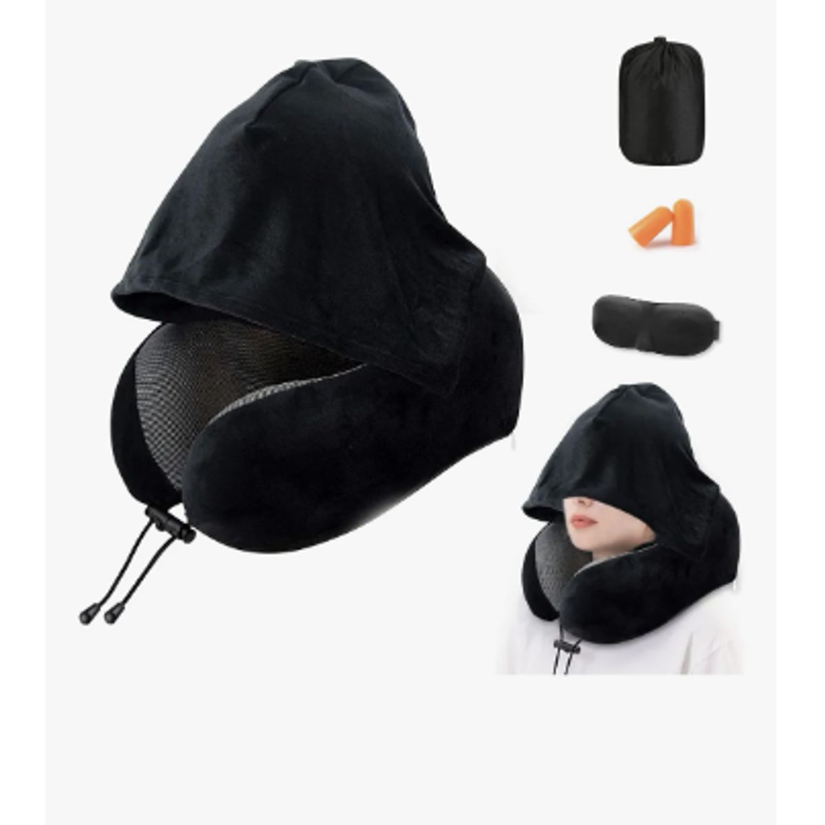 GENERICO - Almohada De Cuello Con Capuc Para Viaje Cojín Soporte Cómodo Negro