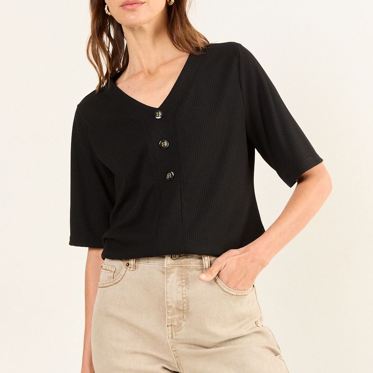 MA GRIFFE - Blusa Cuello V Acanalada Mujer Negro Magriffe