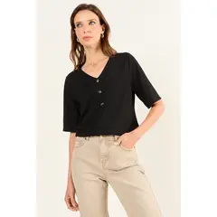 MA GRIFFE - Blusa Cuello V Acanalada Mujer Negro Magriffe