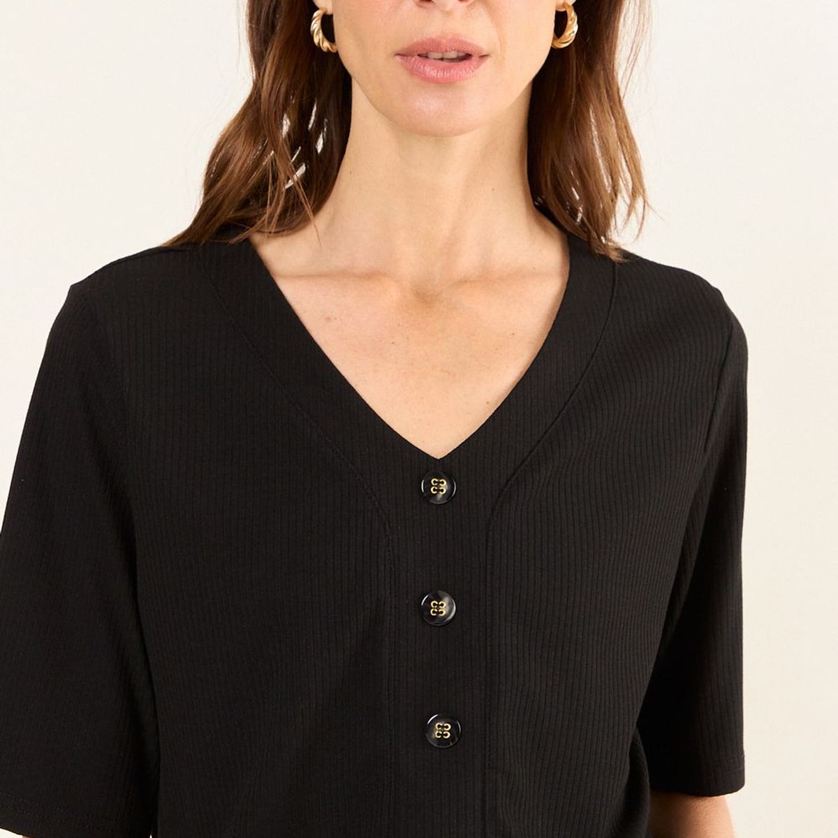 MA GRIFFE - Blusa Cuello V Acanalada Mujer Negro Magriffe