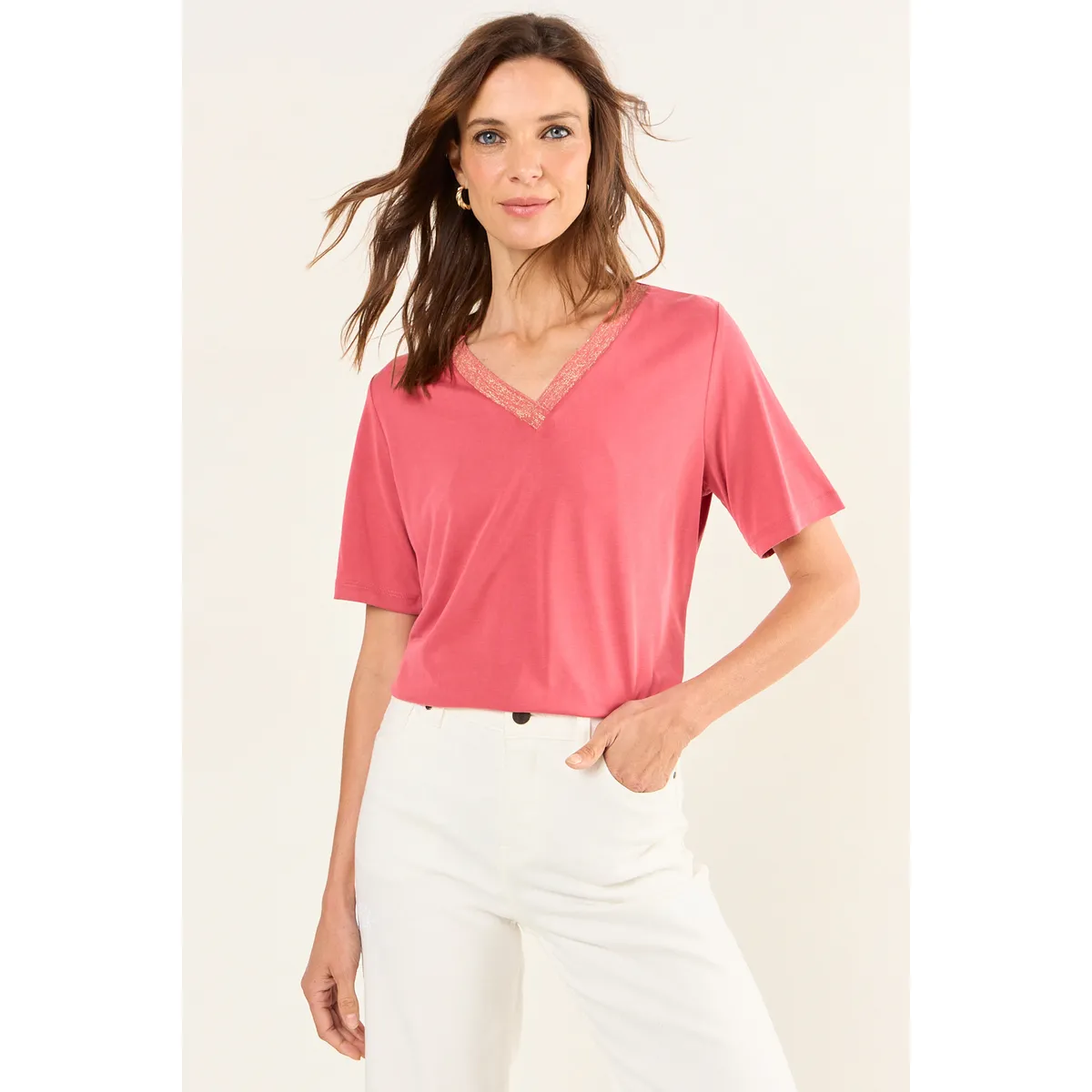 MA GRIFFE - Polera Escote En V Con Lurex Mujer Rosa Magriffe