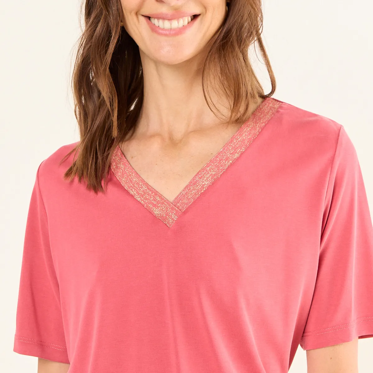 MA GRIFFE - Polera Escote En V Con Lurex Mujer Rosa Magriffe