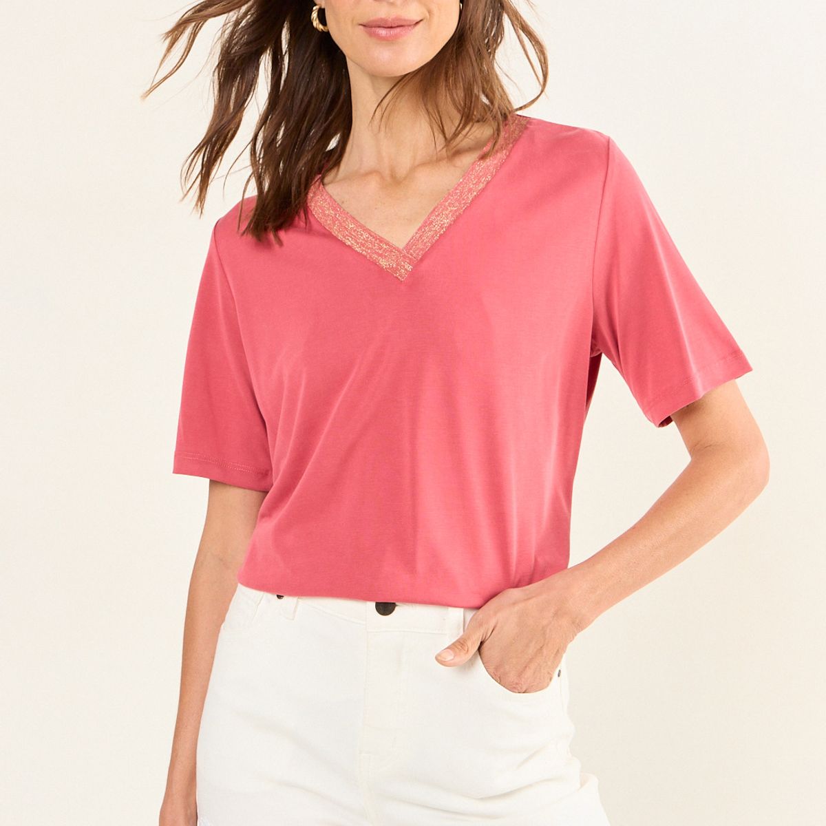 MA GRIFFE - Polera Escote En V Con Lurex Mujer Rosa Magriffe