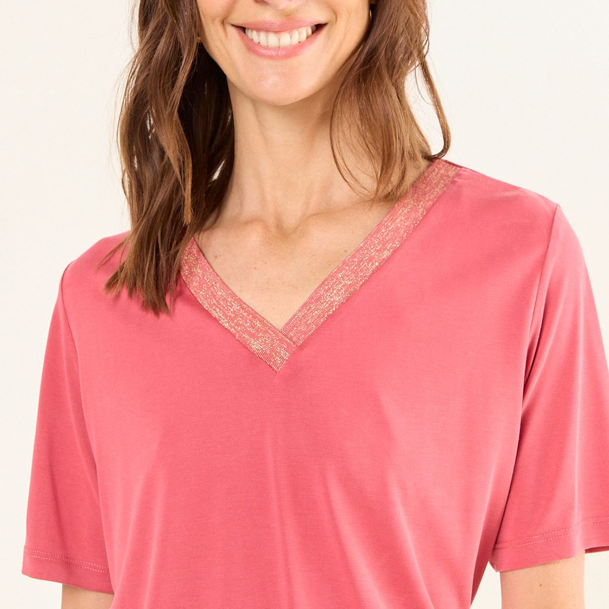 MA GRIFFE - Polera Escote En V Con Lurex Mujer Rosa Magriffe
