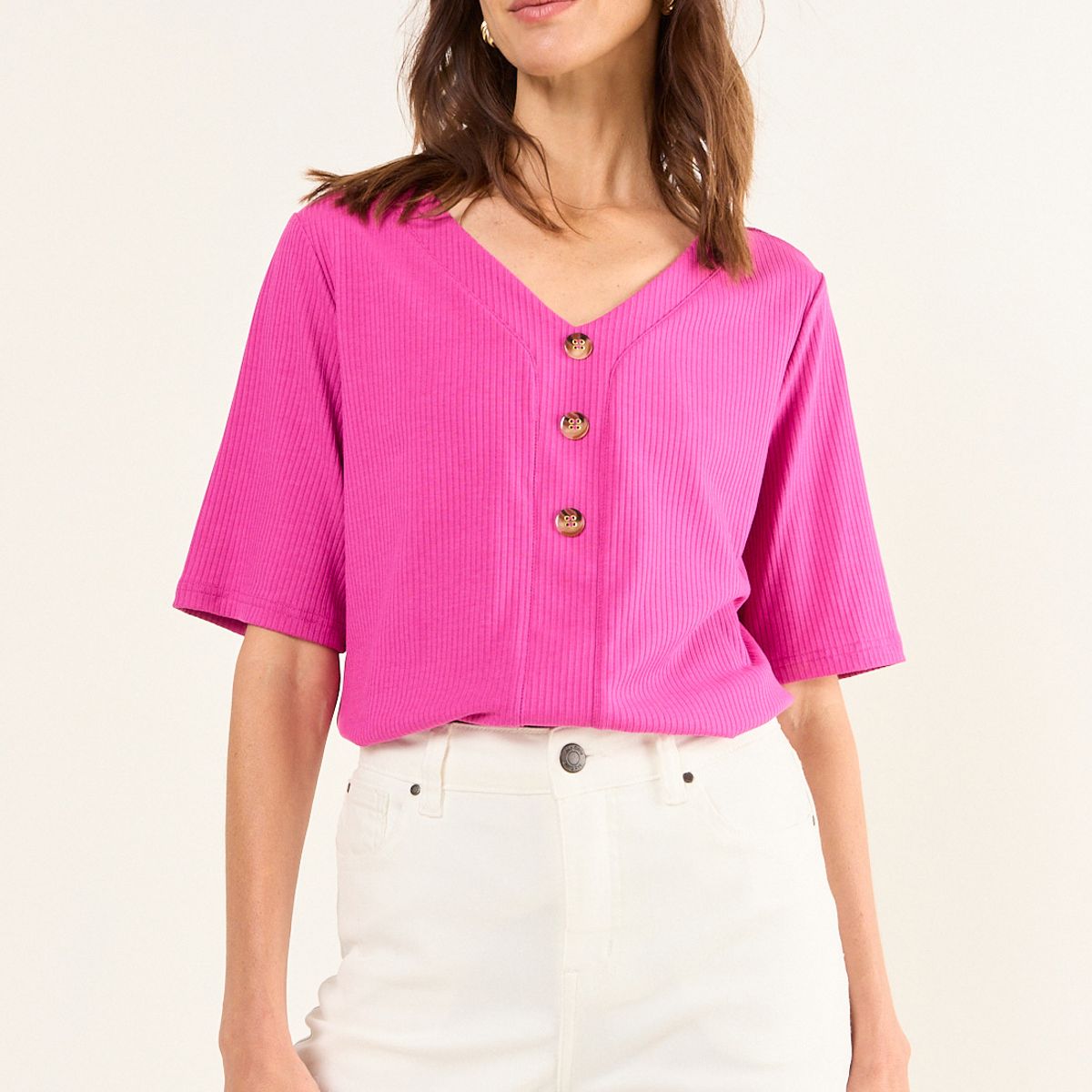MA GRIFFE - Polera Cuello V Acanalada Mujer Fucsia Magriffe