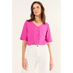 MA GRIFFE - Polera Cuello V Acanalada Mujer Fucsia Magriffe