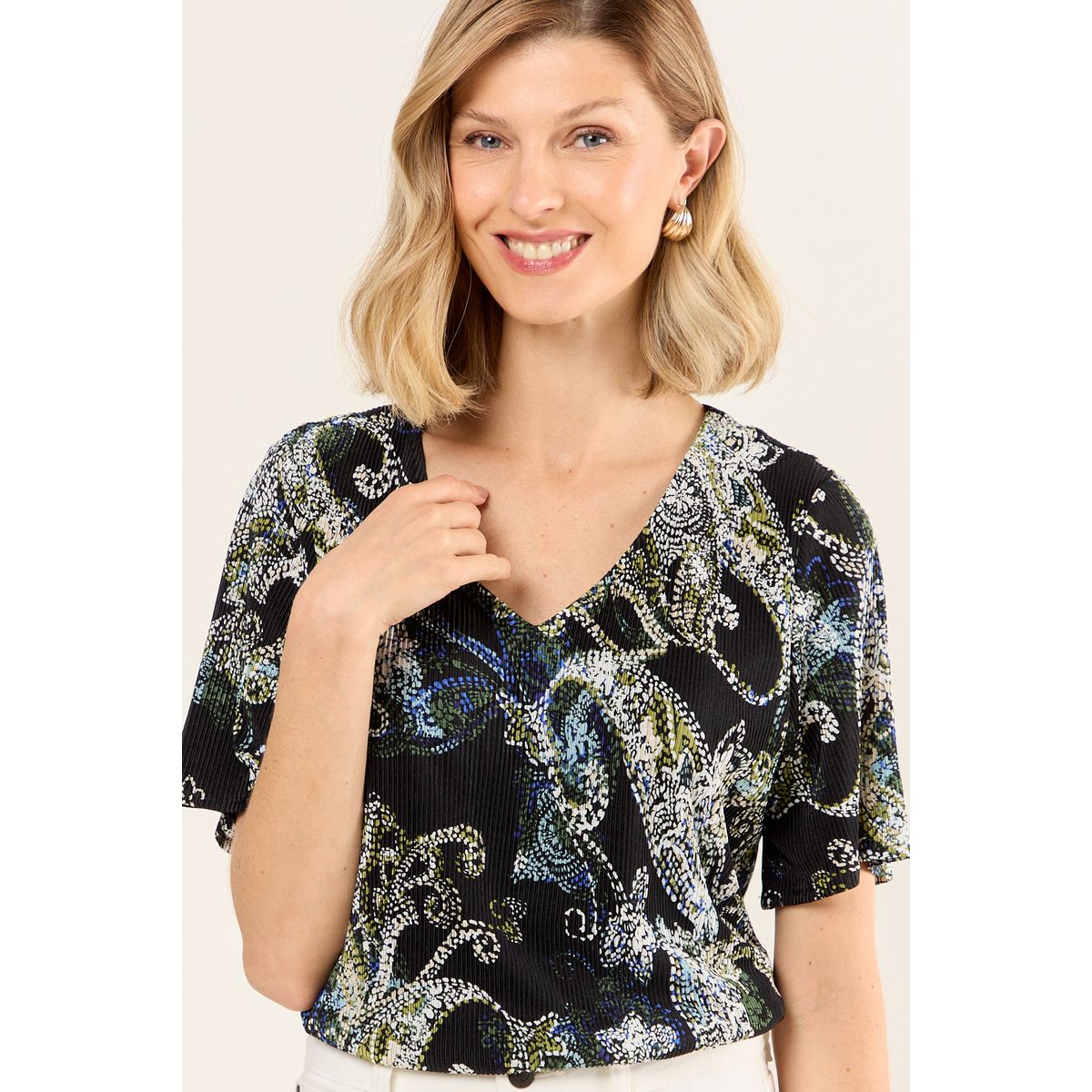 MA GRIFFE - Blusa Plisada Estampada Mujer Negro Magriffe