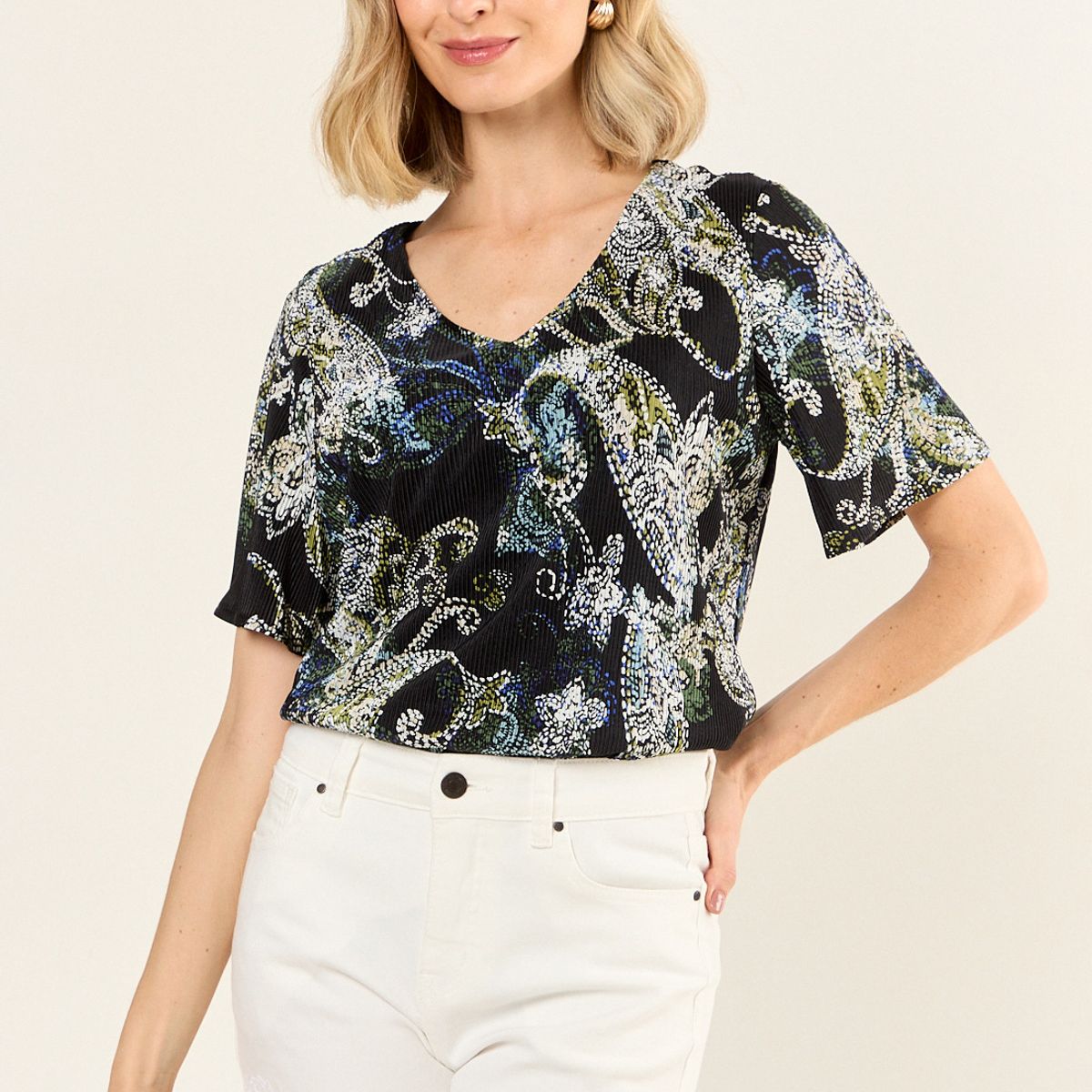 MA GRIFFE - Blusa Plisada Estampada Mujer Negro Magriffe