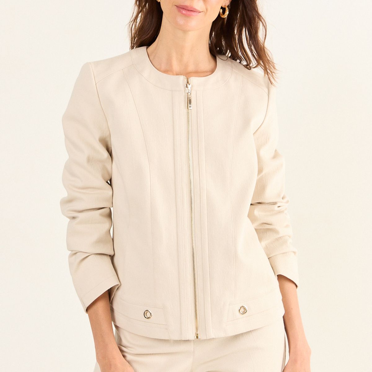 MA GRIFFE - Casaca Cuello Redondo Mujer Beige Magriffe
