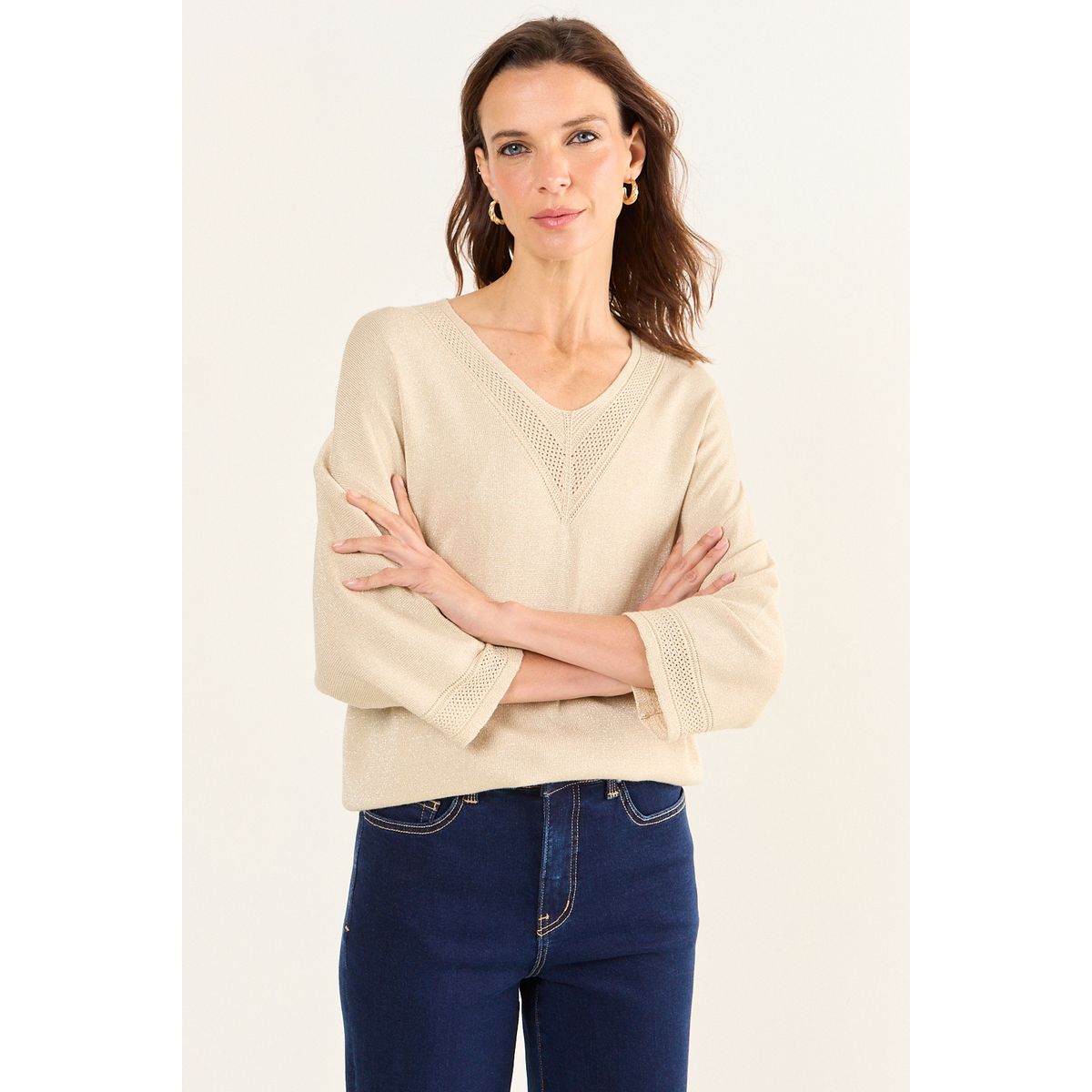 MA GRIFFE - Polera Tejida Lurex Mujer Beige Magriffe