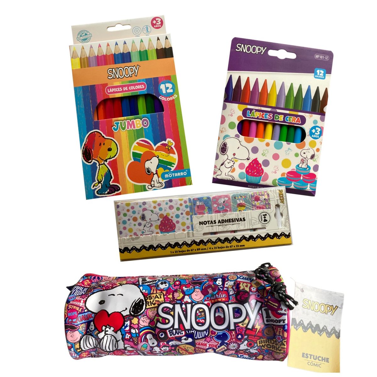 MOTARRO - Pack útiles escolares Snoopy-Lápices-estuche-notas adhesiva