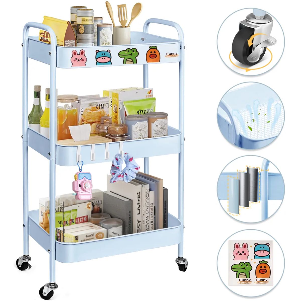 GENERICO - Carrito Organizador Metal 3 Nivel Ruedas Bloqueables Celeste Celeste