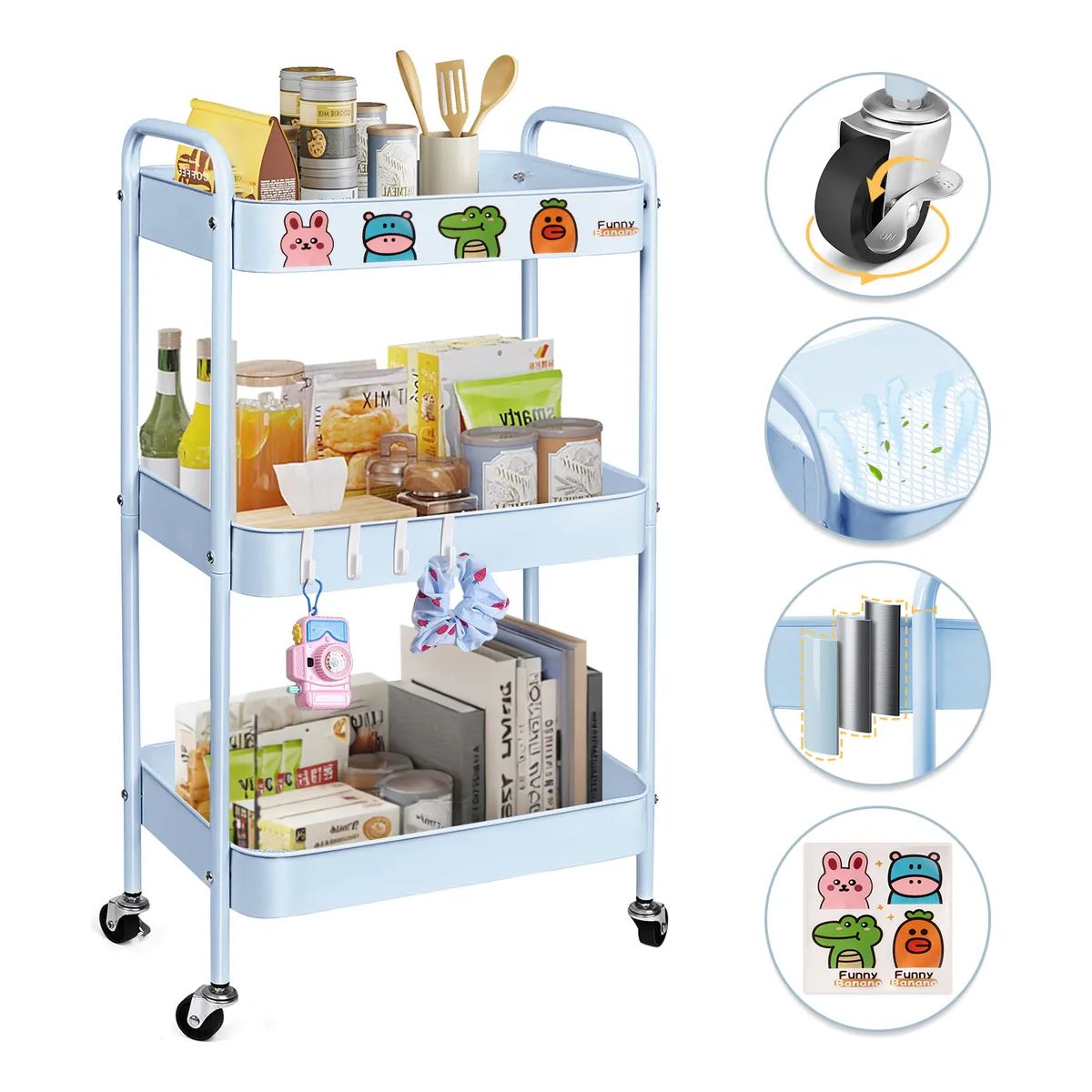 GENERICO - Carrito Organizador Metal 3 Nivel Ruedas Bloqueables Celeste Celeste