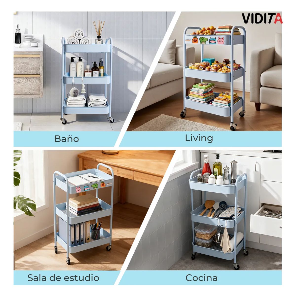 GENERICO - Carrito Organizador Metal 3 Nivel Ruedas Bloqueables Celeste Celeste