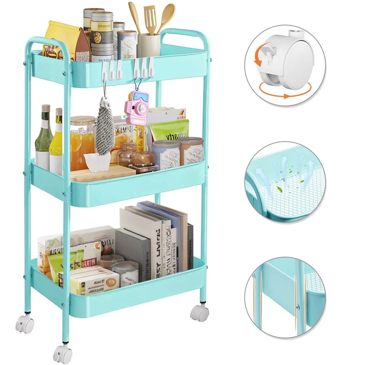 GENERICO - Carrito Organizador Metal 3 Niveles Ruedas Bloqueables Azul Azul