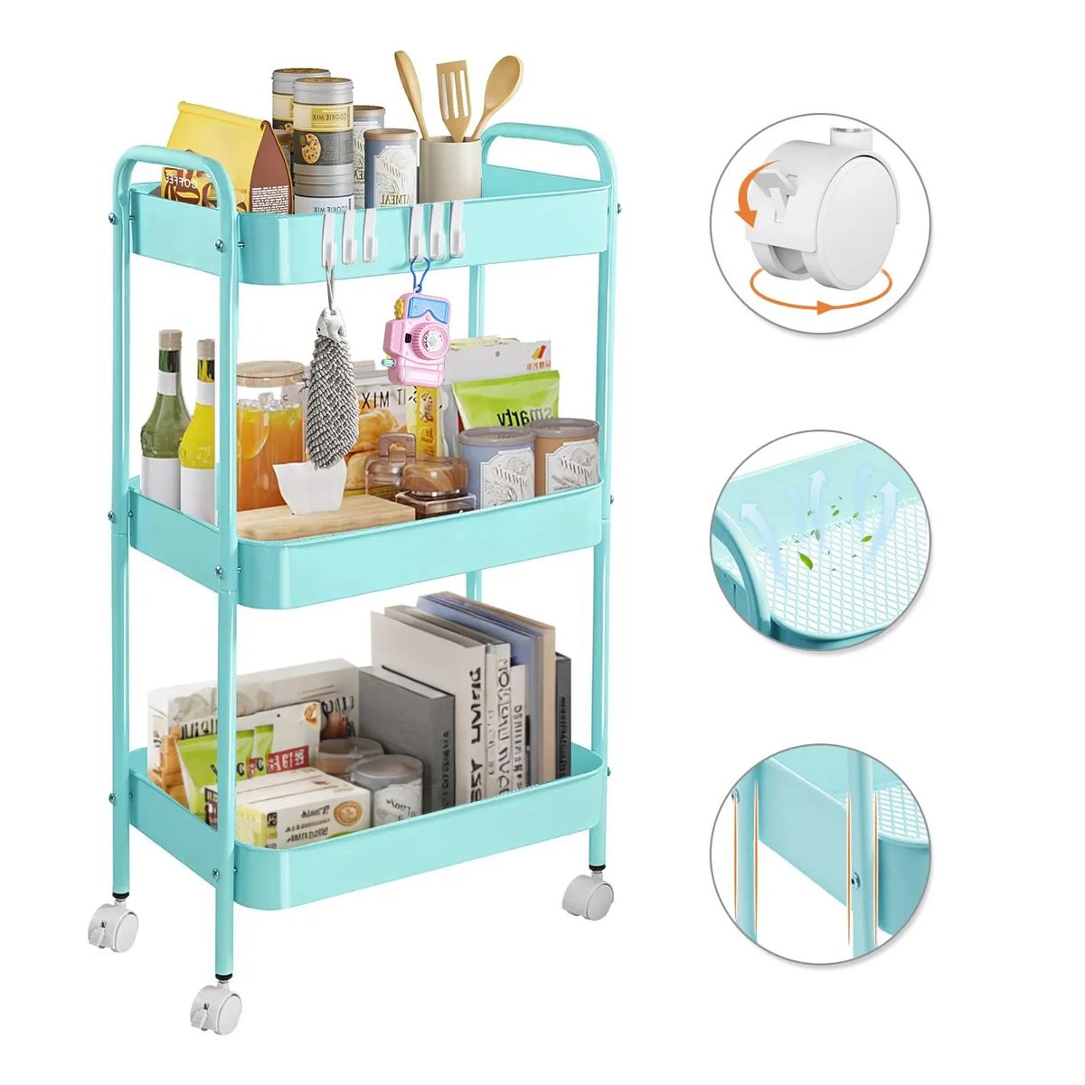 GENERICO - Carrito Organizador Metal 3 Niveles Ruedas Bloqueables Azul Azul